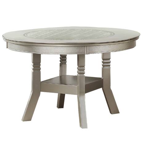 Round Wooden Dining Table with Glass Inserted Top, Champagne Silver