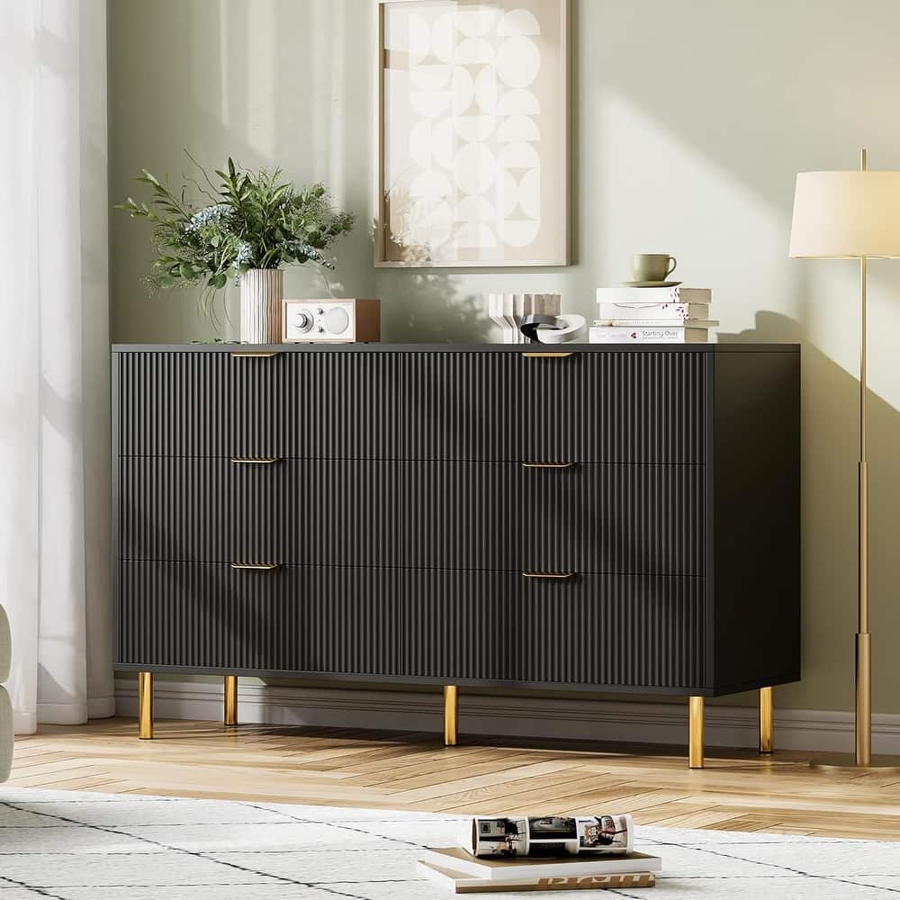 6 Drawer Dresser for Bedroom with Gold Handles, Modern Wooden Chest of Drawers