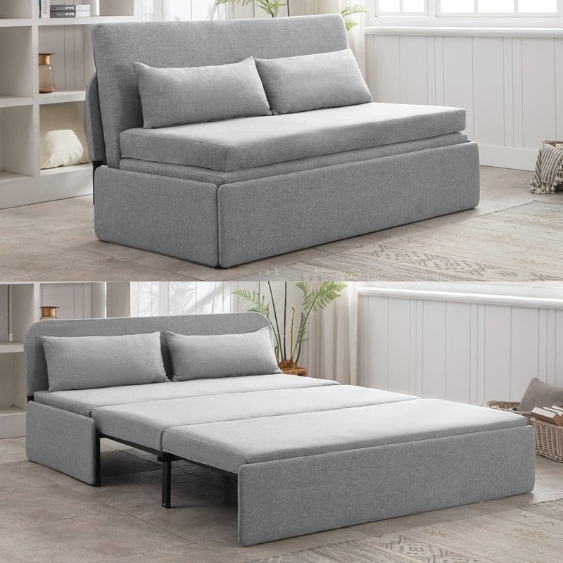 Mixoy Linen 2-in-1 Convertible Sofa Bed,Twin/Queen Pull Out Sleeper Sofa with Mattress,Cushions - Queen Size - Light Grey