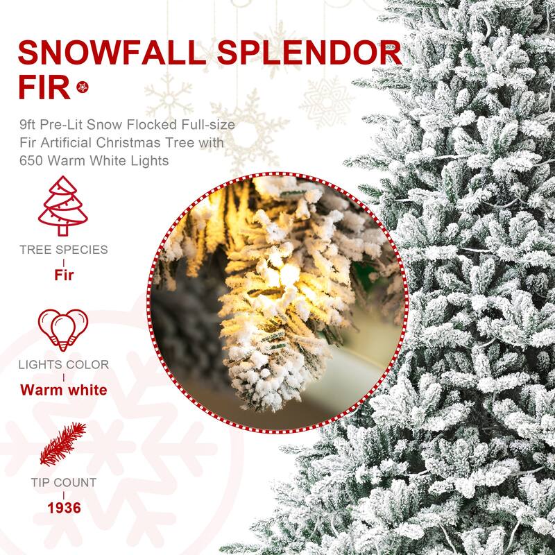 Glitzhome 6FT/7.5FT/9FT/11FT Snow Flocked Pre-lit Artificial Fir Christmas Trees