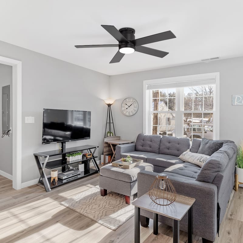 42"/52" Modern Black Flush Mount Ceiling Fan with LED Light and Remote