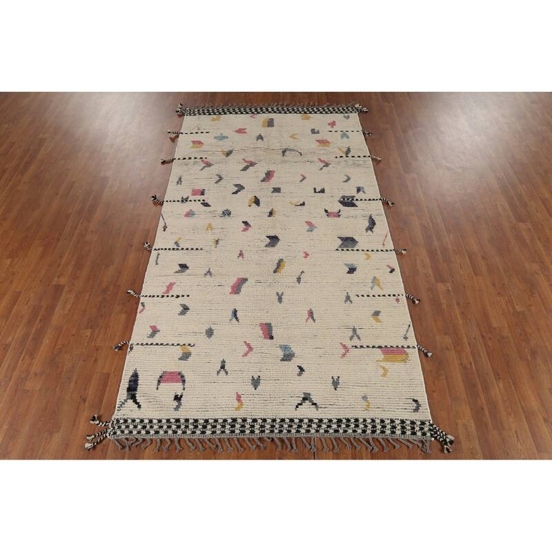 Earth Tone Moroccan Area Rug Hand-Knotted Beige Wool Carpet - 4'10"x 9'2"
