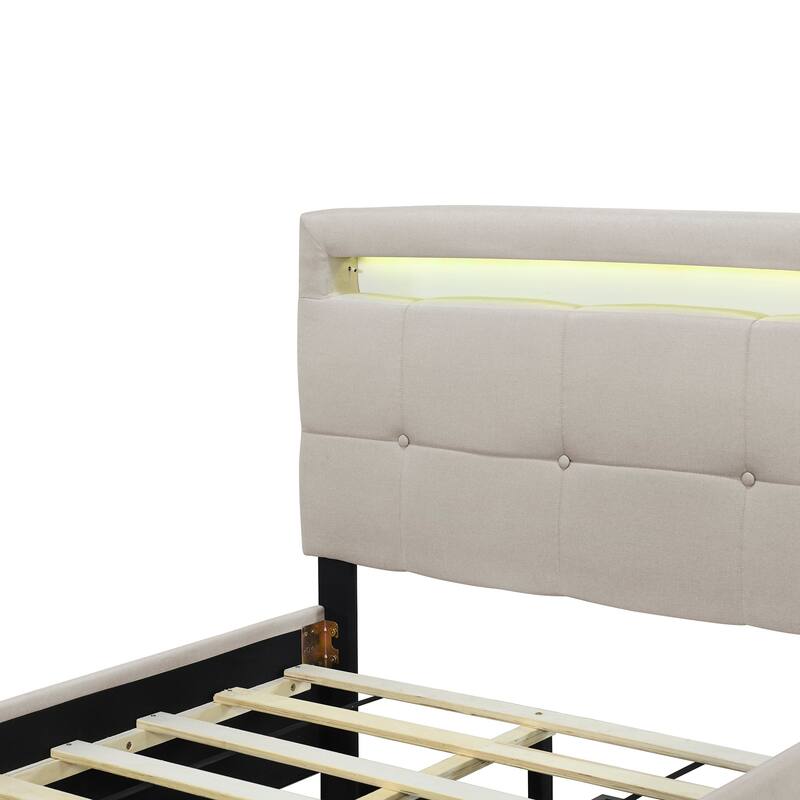 Twin Size Upholstered Platform Bed with LED Frame and 2 Drawers