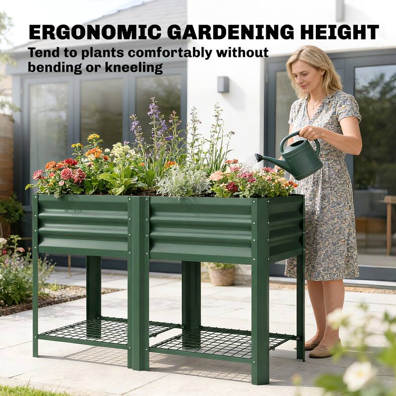 Outsunny Galvanized Steel Raised Garden Bed with Storage Shelf and Bed Liner, Elevated Planter Box with Legs