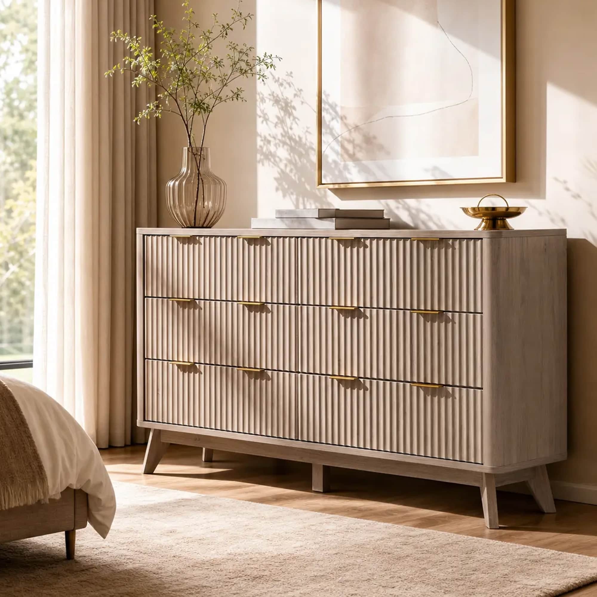 modern fluted dresser Sikaic 44 Inch Tall 5 Drawer Dresser Oak Natural a faux marble tabletop Modern Drawers Dresser, Wood Chest