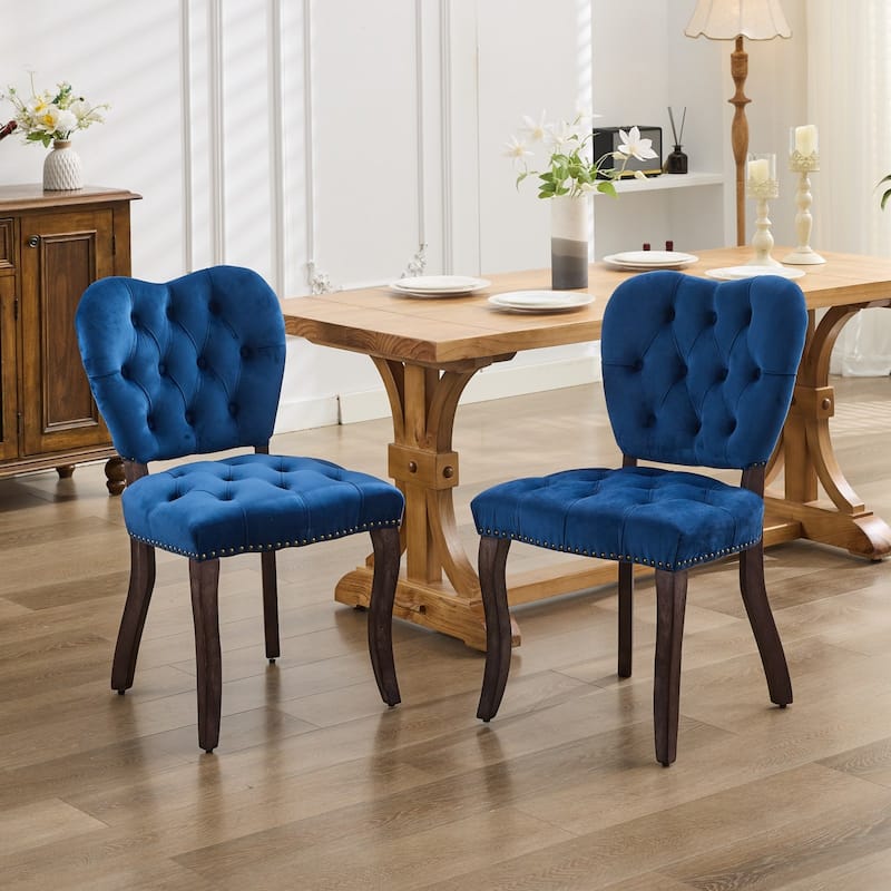 Roomfitters French Vintage Dining Chairs Set of 2, Tufted Velvet Upholstered Accent Chairs with Curved Wood Legs