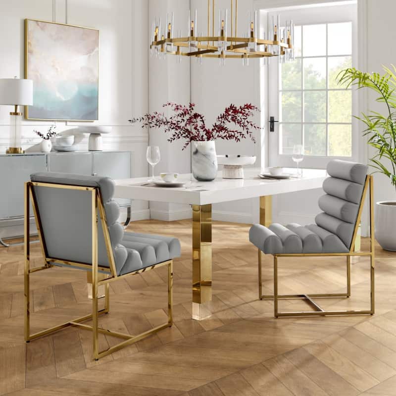 Set of 2 Modern Faux Leather Armless Dining Chairs with Gold Steel Legs and Tufted Back for Living Room - 37”H x 27.8”W x 19.8”D