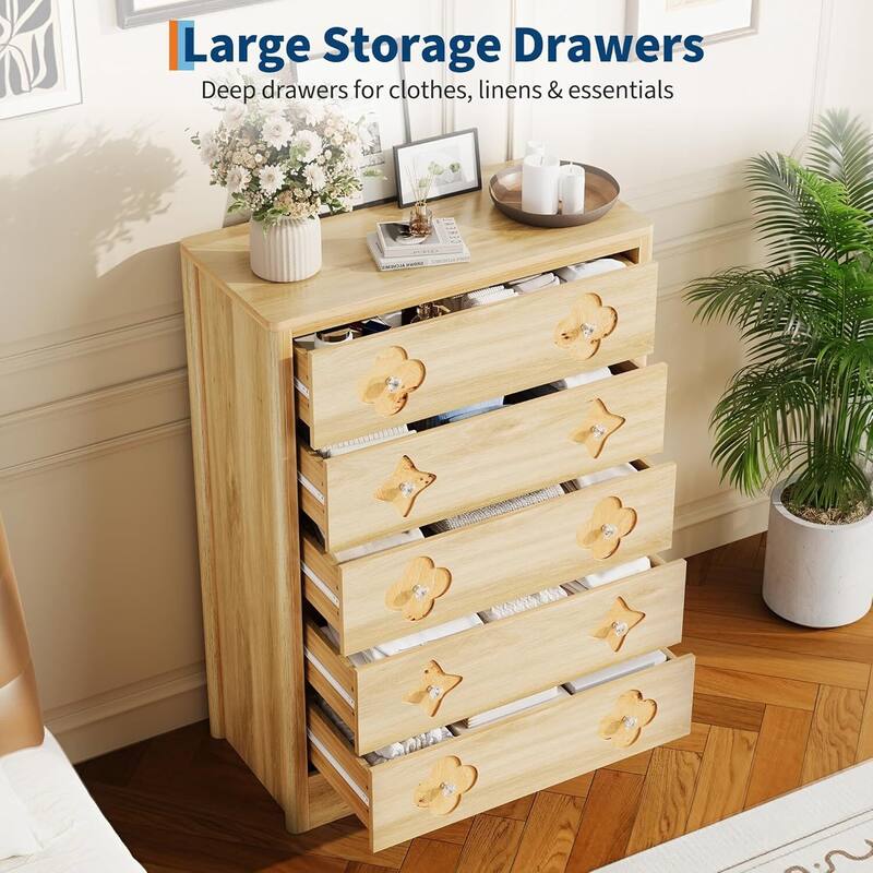 Fluted 5 Drawer Tall Dresser for Bedroom, Living Room, Hallway