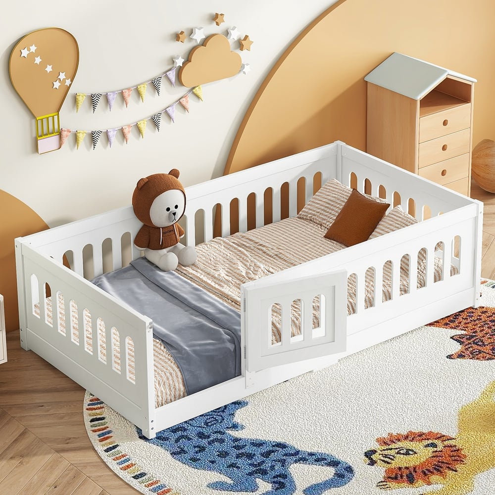 White Bed Frame Montessori Bed Twin Size Toddler Floor Bed with Guardrails and Door for Children Boys Girls Kids Playroom