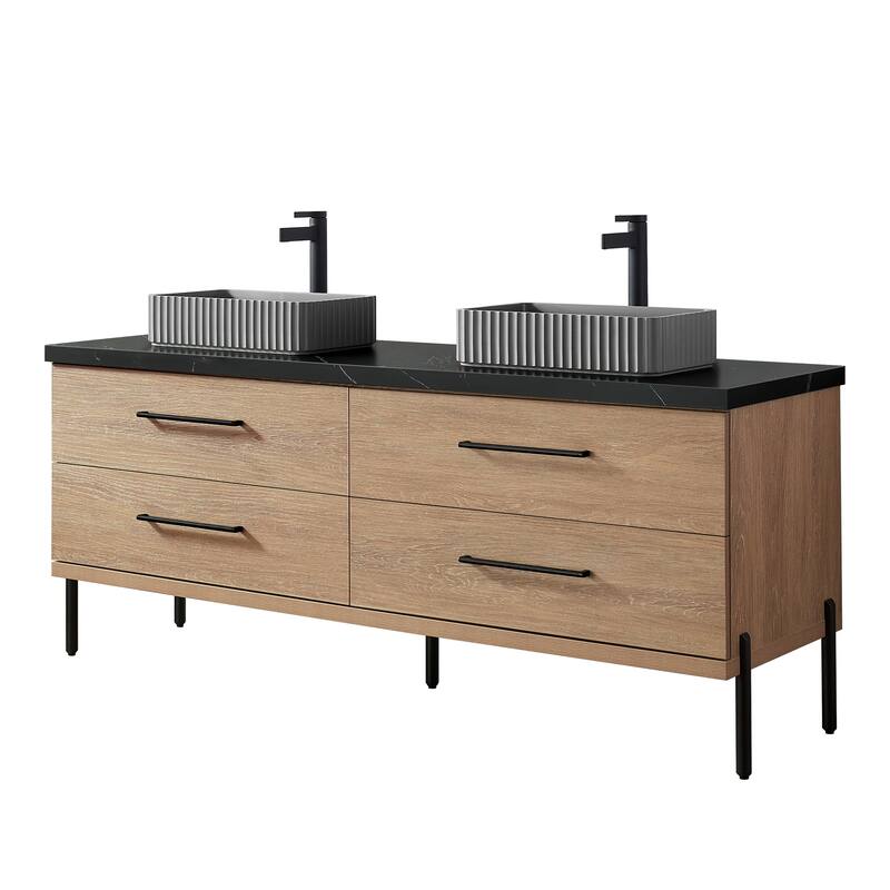 Trento Bath Vanity, Sintered Stone Top with Concrete Sink without Mirror - 72in. - North American Oak(Rectangular Sink)