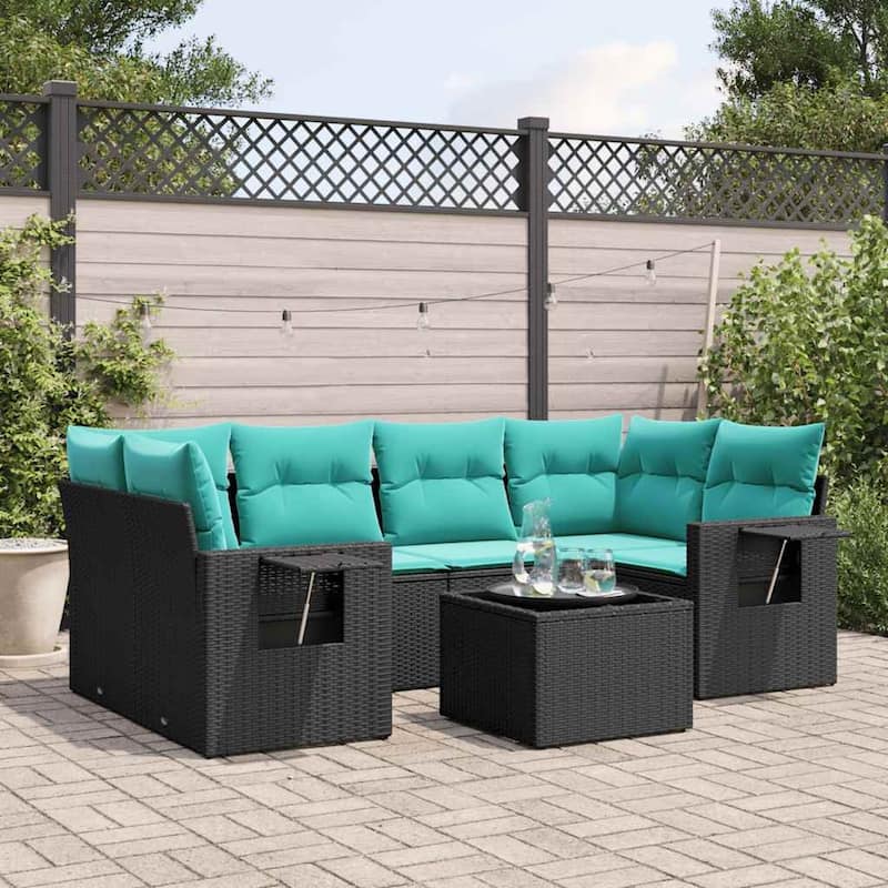 vidaXL Patio Sofa Set with Cushions Outdoor Furniture 7 Piece Poly Rattan - 24.4 x 24.4 x 27.2 - Black and Blue