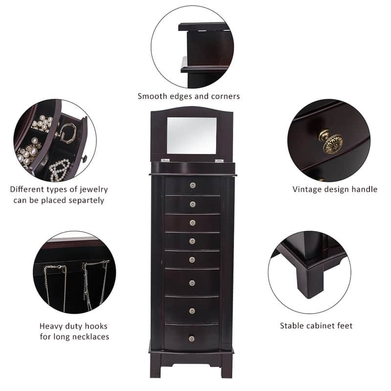 Jewelry Armoire with Mirror, 8 Drawers & 16 Necklace Hooks, 2 Side Swing Doors