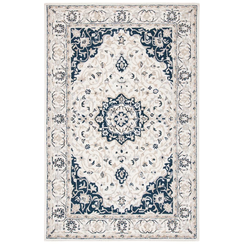SAFAVIEH Handmade Micro-Loop Dashurie Transitional Medallion Wool Rug- - 5' x 8' - Ivory/Navy