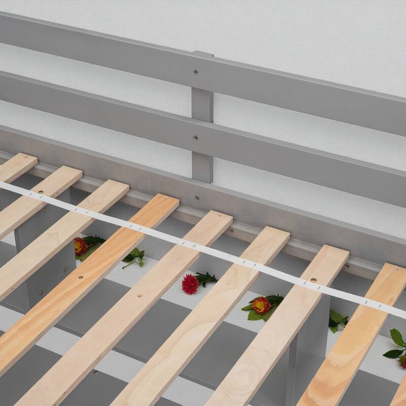 Full Size Wooden Loft Bed with Desk, Storage Shelves, and Staircase, Solid Pine Frame with Guardrails