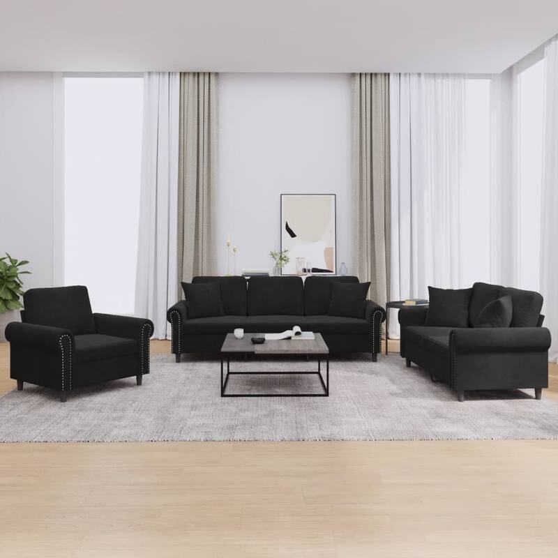 vidaXL Sofa Set Black Velvet 3-seater, 2-seater, armchair Seats Many - 30.3 x 83.5 x 31.5 in.