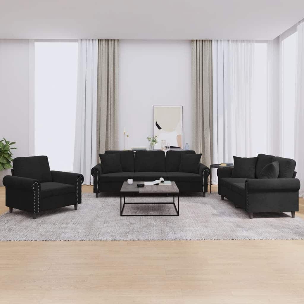 vidaXL Sofa Set Black Velvet 3-seater, 2-seater, armchair Seats Many - 30.3 x 83.5 x 31.5 in.