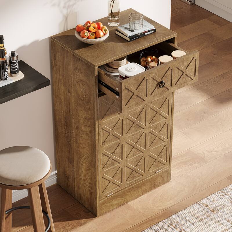 13 Gallon Wooden Fluted Tilt-Out Trash Can Cabinet with Drawer, Hidden Garbage Bin Waste Storage Unit for Kitchen Living Room