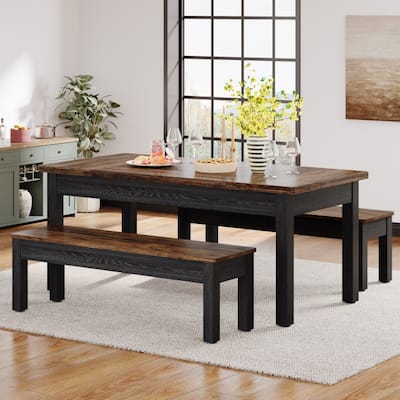 Wood Dining Table Set, 55-Inch Kitchen Table with 2 Benches for 4-6