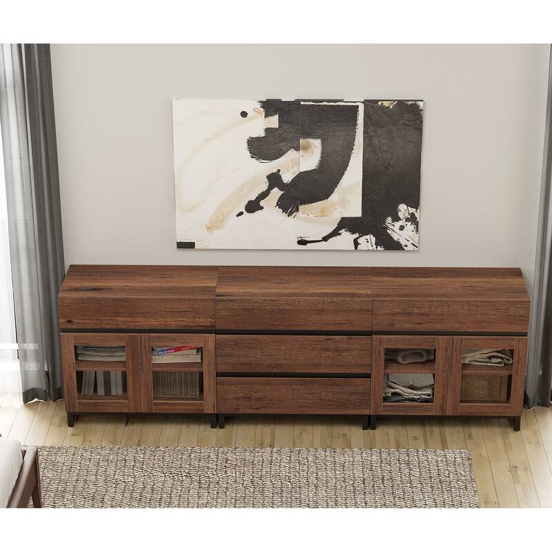 WAMPAT 3 in 1 Multifunctional Dresser with Glass Doors and 5 Drawers, Modern Chest of Drawers for Bedroom