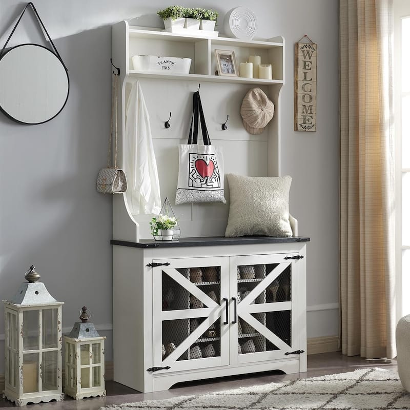 42" Wide Farmhouse Entryway Bench with Coat Rack, Mudroom Cabinet - White