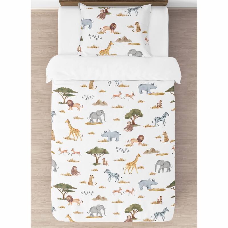 Jungle Animals 2pc Twin Comforter Set Hunter Green Yellow Grey Black and White Wildlife Safari Animal Elephant Giraffe Monkey