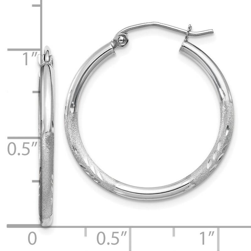 Curata 14k White Gold Satin and Sparkle Cut Round Hoop Earrings - 25x25mm