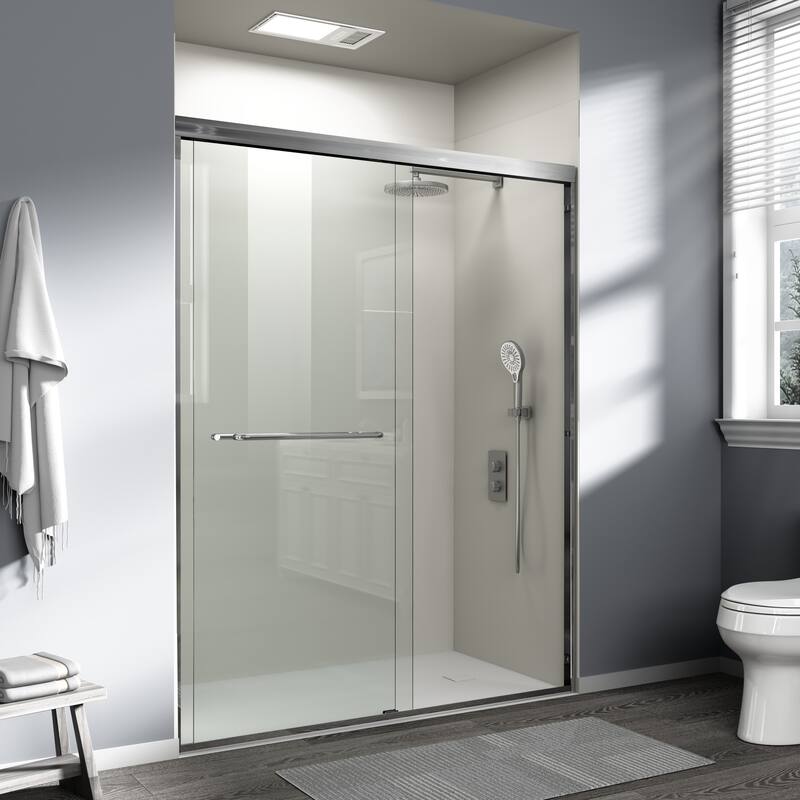 ABRUZZO 56-60" W x 72" H Semi-Frameless Double Sliding Tempered Glass Shower Door with Dual Towel Bars