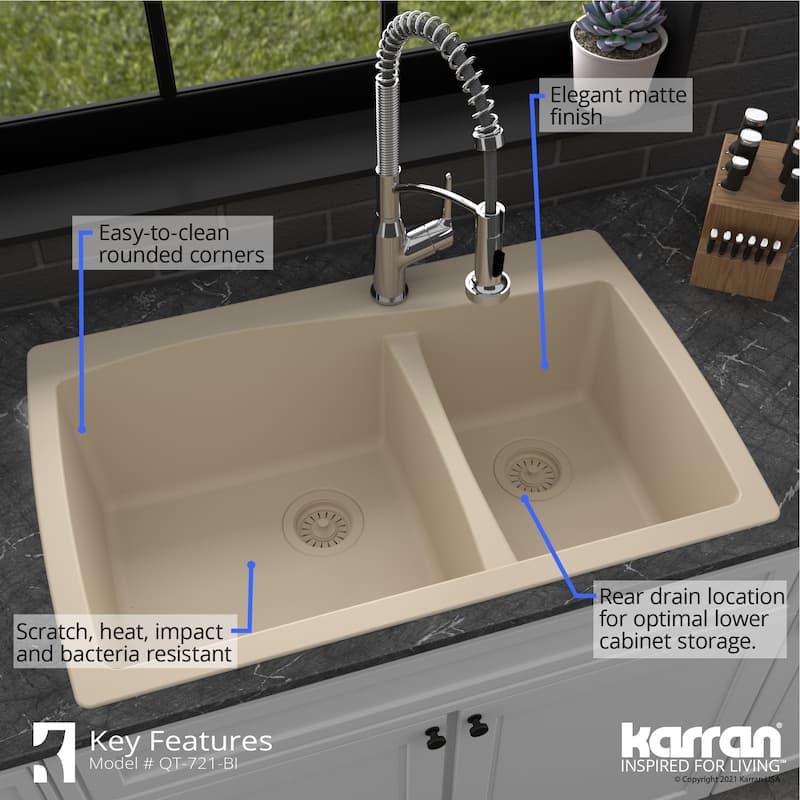 Karran Drop-In Quartz 60/40 Double Bowl Kitchen Sink