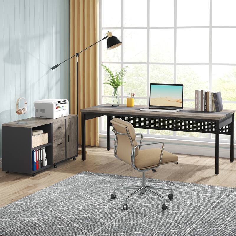 71 Inch Executive Desk with Mobile File Cabinet, L-Shaped Desk with Drawers & Shelves, Large Computer Desk for Home Office