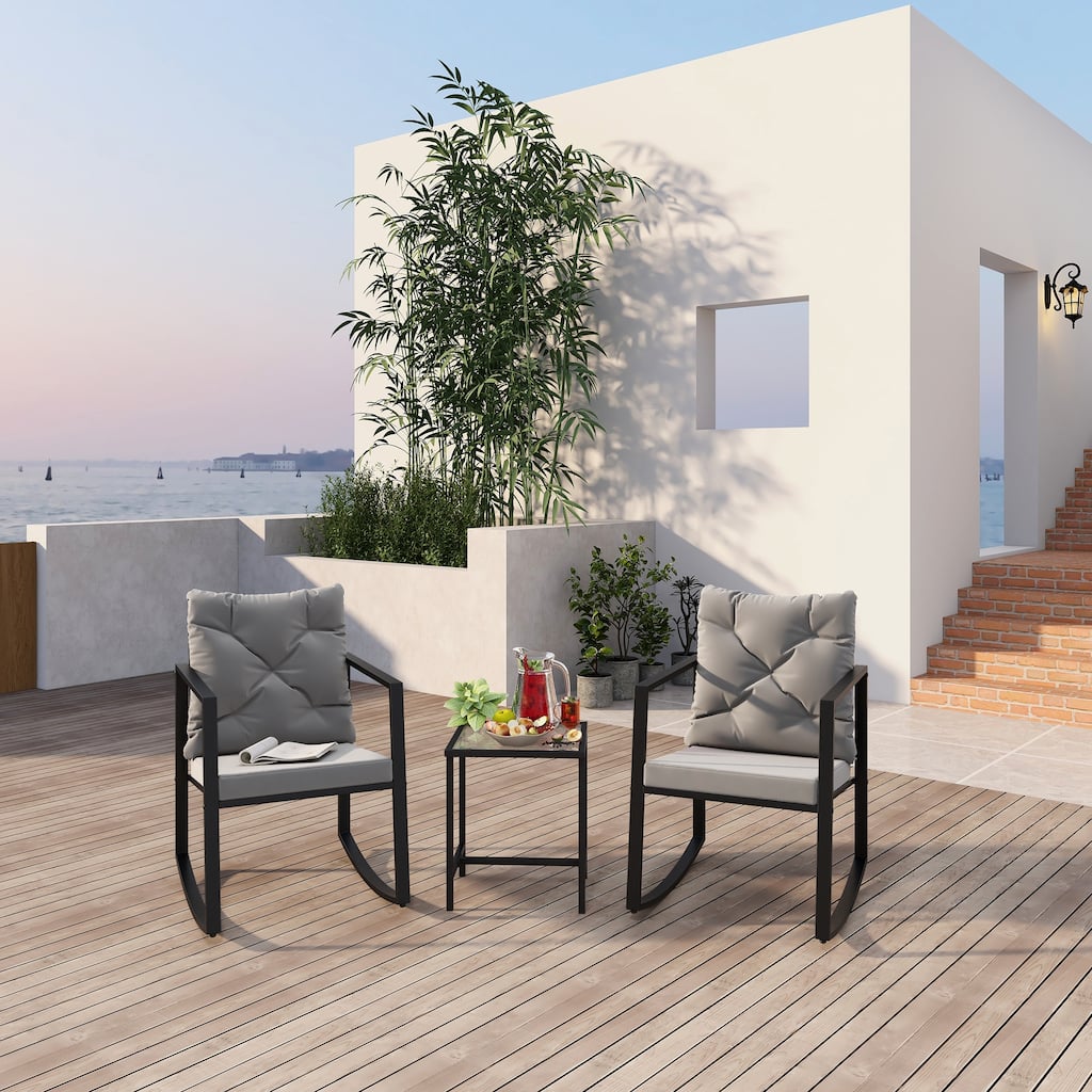 3 Pieces Patio Set Outdoor Rocking Chair Furniture Sets Clearance Cushioned Chairs Conversation Sets