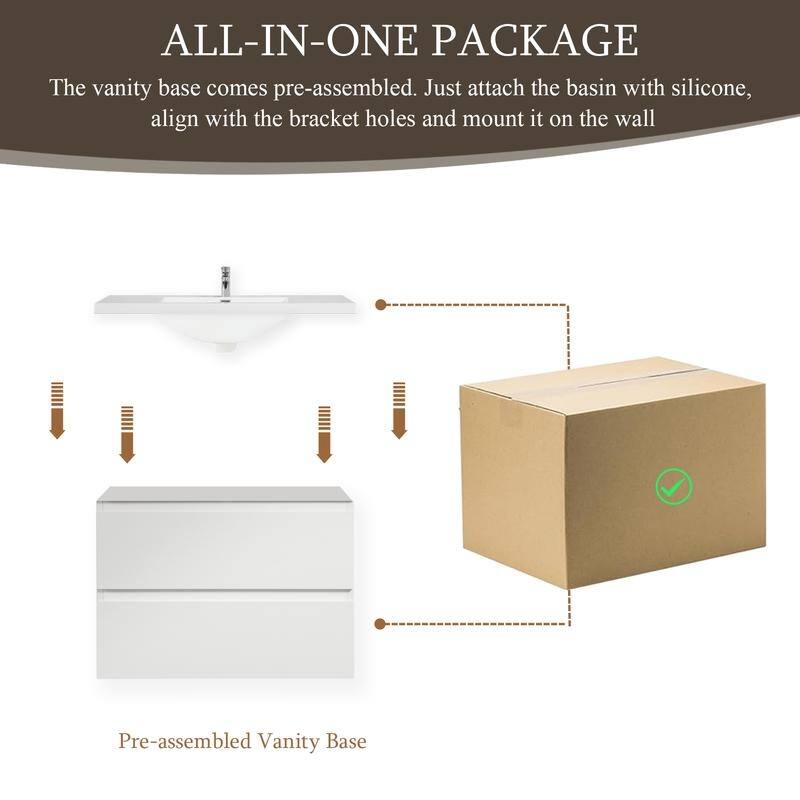 ABRUZZO 30" Floating Single Bathroom Vanity Wall-Mounted with Integrated Resin Top Basin 2 Soft Close Drawers Full Assembly
