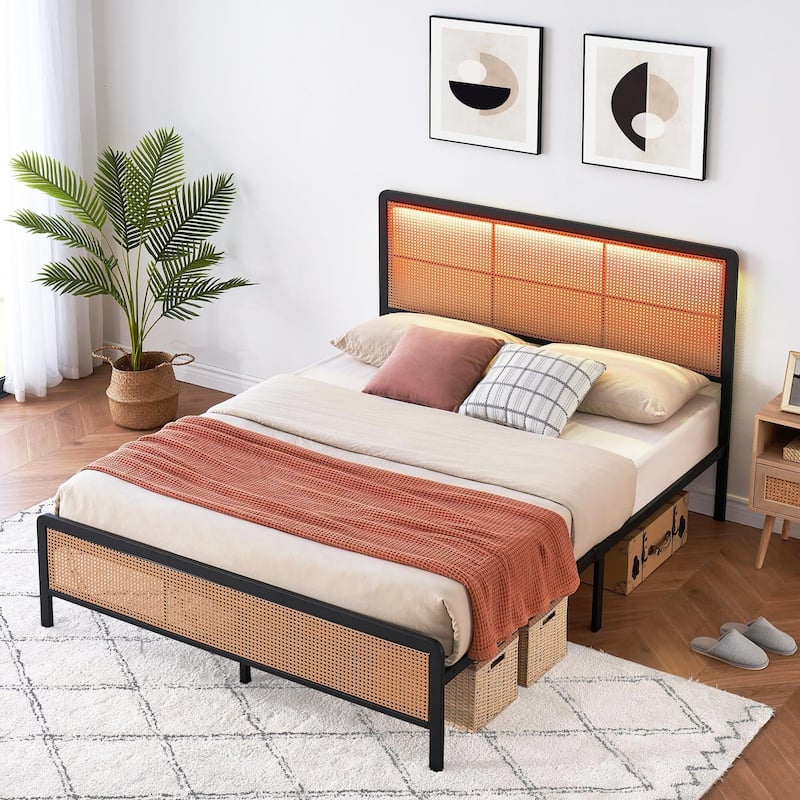 Rattan Bed Frame with Headboard LED Lights and Footboard - Black - Full
