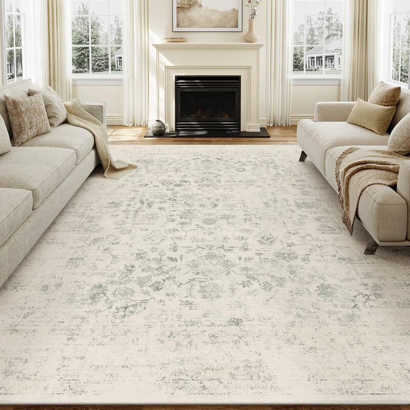 Light Grey Machine Washable Area Rug Retro Floral Vintage Low Pile Carpet