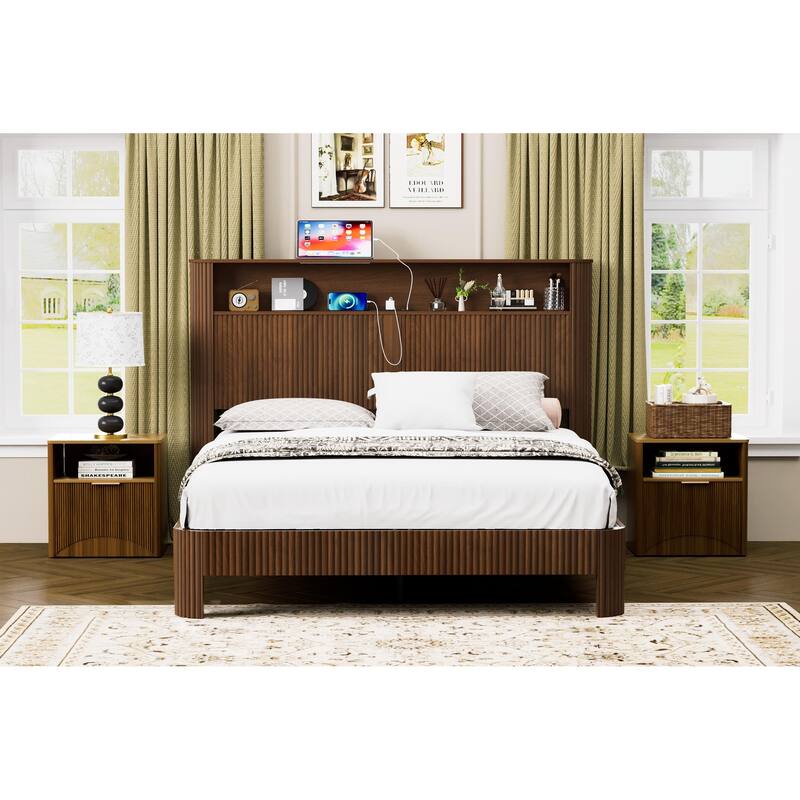 Queen Size Bed Frame with Storage Headboard, Built-in Charging Station, Wavy Design, Silent Operation, Walnut Finish