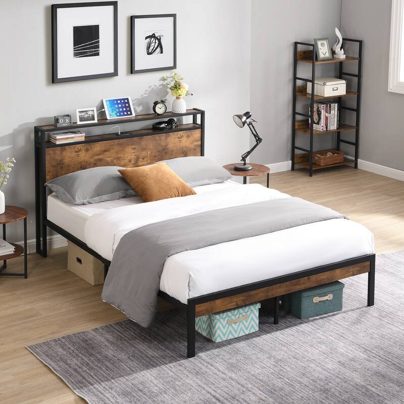 Modern Metal Platform Bed Frame with Wooden Headboard & Footboard, USB Charging & Large Storage - Black - Full
