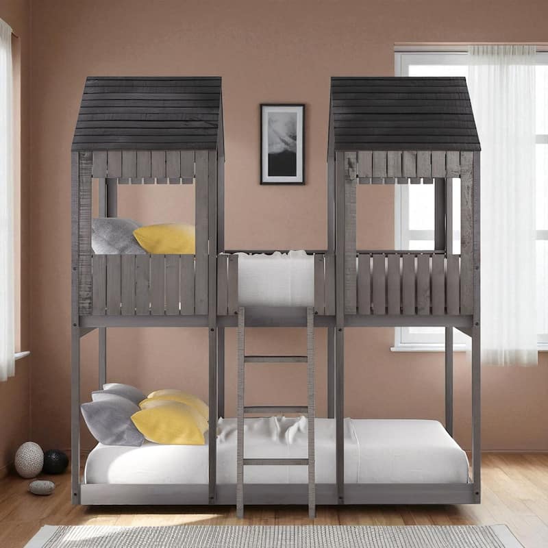 Full Over Full Wood Bunk Bed with Roof and Window, Guardrails and Ladder, House Style Frame for Kids - Antique Gray - Full