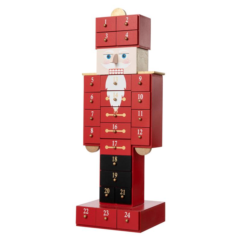 Glitzhome 17.50"H Wooden Christmas Nutcracker Countdown Calendar Decor with Drawer - Red