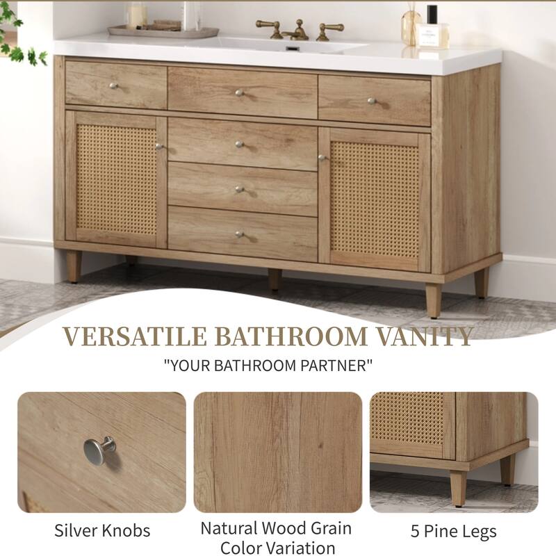 60" Bathroom Vanity with SMC Sink,Large Storage Bathroom Storage Cabinet with Soft Close Drawers and Rattan Doors, 5 Pine Legs