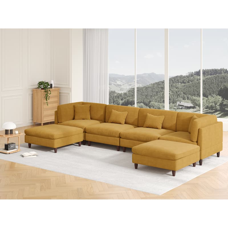 Corduroy Modular Sectional Sofa Set With Ottoman - 6 Pieces/Orange - Symmetrical