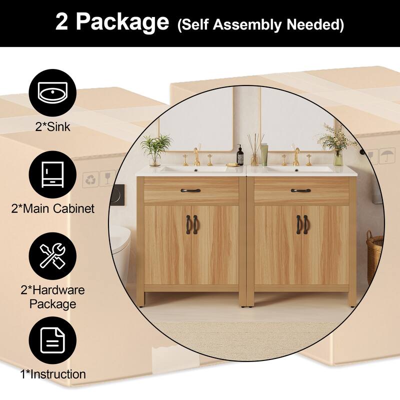 GDFStudio - Barro Transitional Freestanding Bathroom Vanity Cabinet Set with Double Ceramic Sink & Soft Close Storages, Set of 2