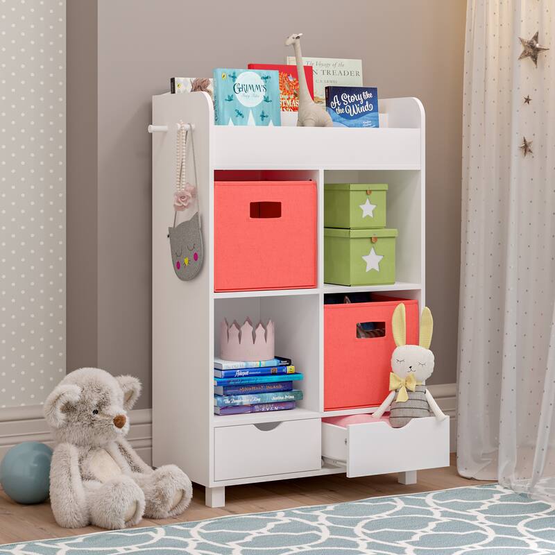 RiverRidge Kids Book Nook Cubby Toy Storage Cabinet with Bookshelf, Drawers, and Hooks