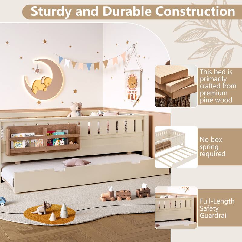 Full/Twin Loft Bed with Bookshelves, Safety Stairs & Trundle