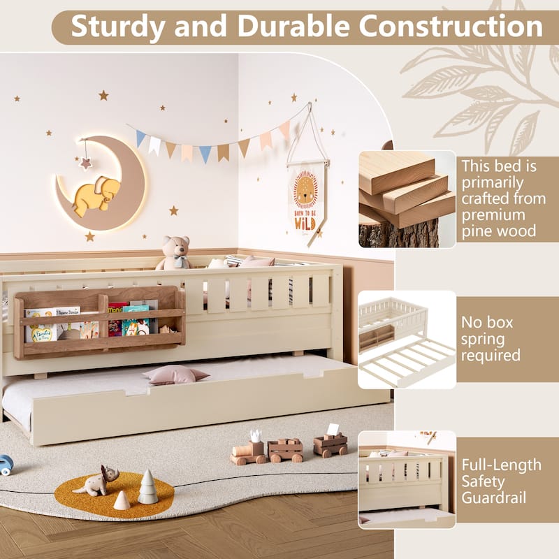 Roomfitters Floor Bed with Bookshelf and Trundle, Low Profile Frame with Step Entry