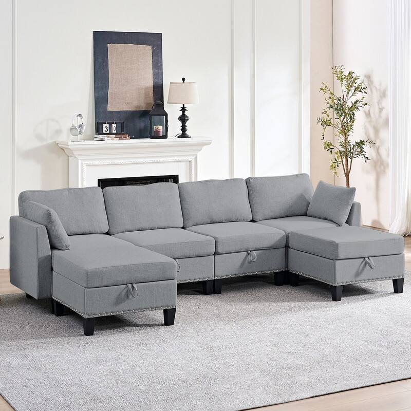 Mixoy Rivet Design Flexible Combination Reversible 4-Seater Modular Sofa with Storage Ottomans,Linen Convertible Sleeper Sofa