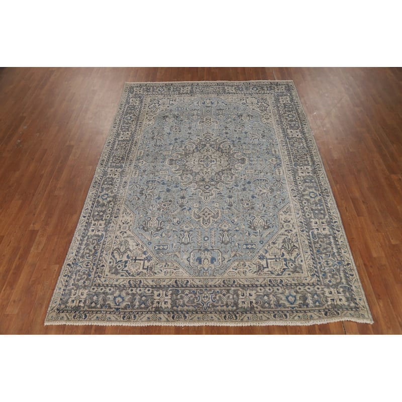 Light Blue Geometric Tabriz Persian Rug Hand-Knotted Wool Carpet - 6'7"x 9'4"