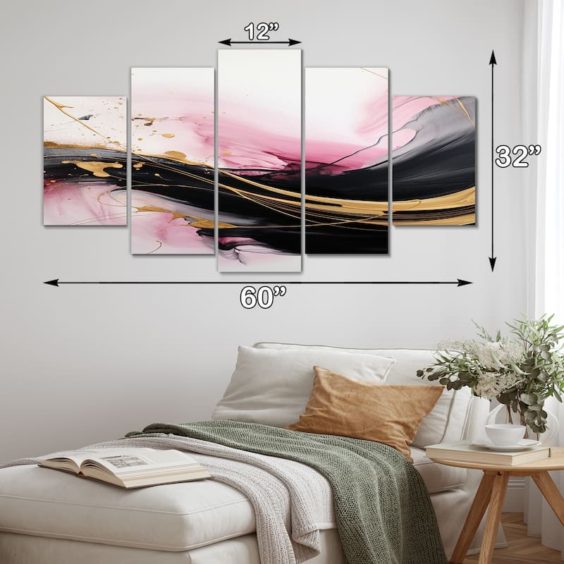 Designart "Abstract Gold Wave Pink And Black I" Abstract Multipanel Wall Decor set