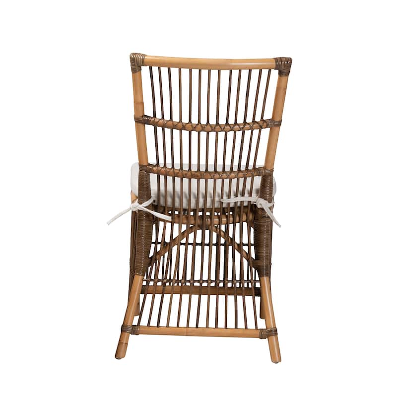 Kim Modern Bohemian White Fabric and Natural Brown Rattan Dining Chair