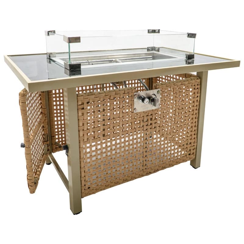 43" Propane Gas Fire Pit Table, 60000 BTU Rectangular Open Weave Wicker Fire Pit with Glass Wind Guard