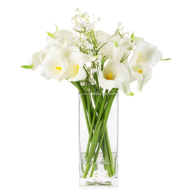 Enova Home Mixed Artificial Real Touch Lily and Baby Breath Flower Arrangement in Clear Glass Vase with Faux Water - Cream White - Cream White