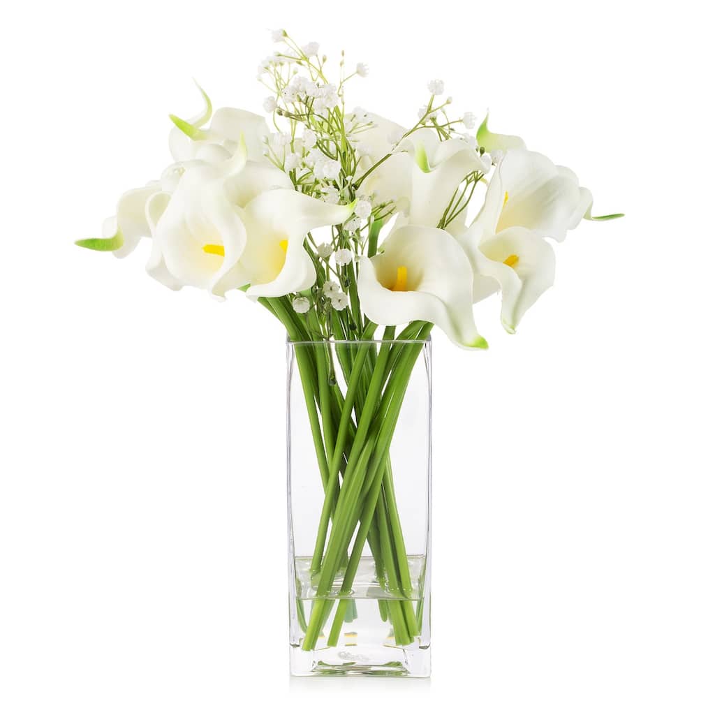 Enova Home Mixed Artificial Real Touch Lily and Baby Breath Flower Arrangement in Clear Glass Vase with Faux Water - Cream White